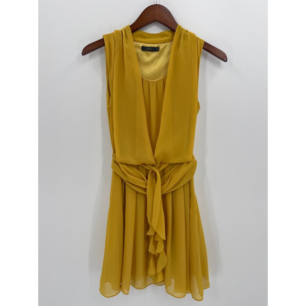THML Mustard Yellow Chiffon Wrap Tie Dress Sleeveless Fit Flare Size S EUC